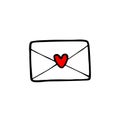Mail icon element. Envelope for Love card. Doodle style letters. Hand drawing sketch. Valentine`s day symbol.